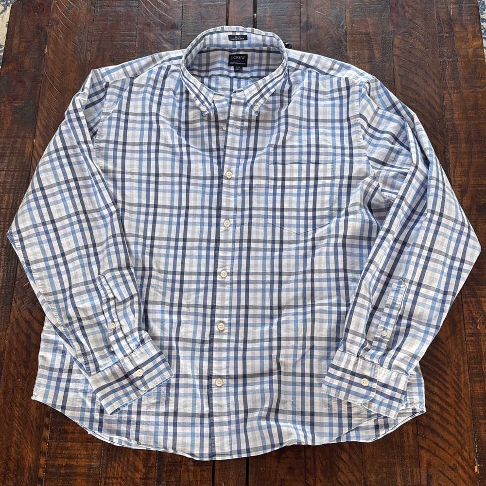J.Crew Men’s Slim Untucked Performance Shirt Plaid Long Sleeve Large XXL Blue